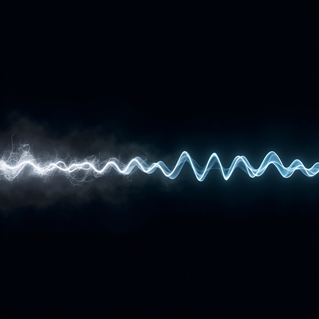 A high-quality, serene image showing a glowing, gentle representation of a heart rhythm wave transitioning from chaotic jagged lines into smooth, harmonious sine waves, symbolizing the shift from stress to coherence.