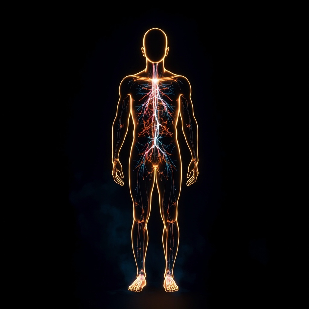 A conceptual image showing a glowing, rhythmic network of light flowing through a human silhouette, representing energy and blood circulation in harmony.