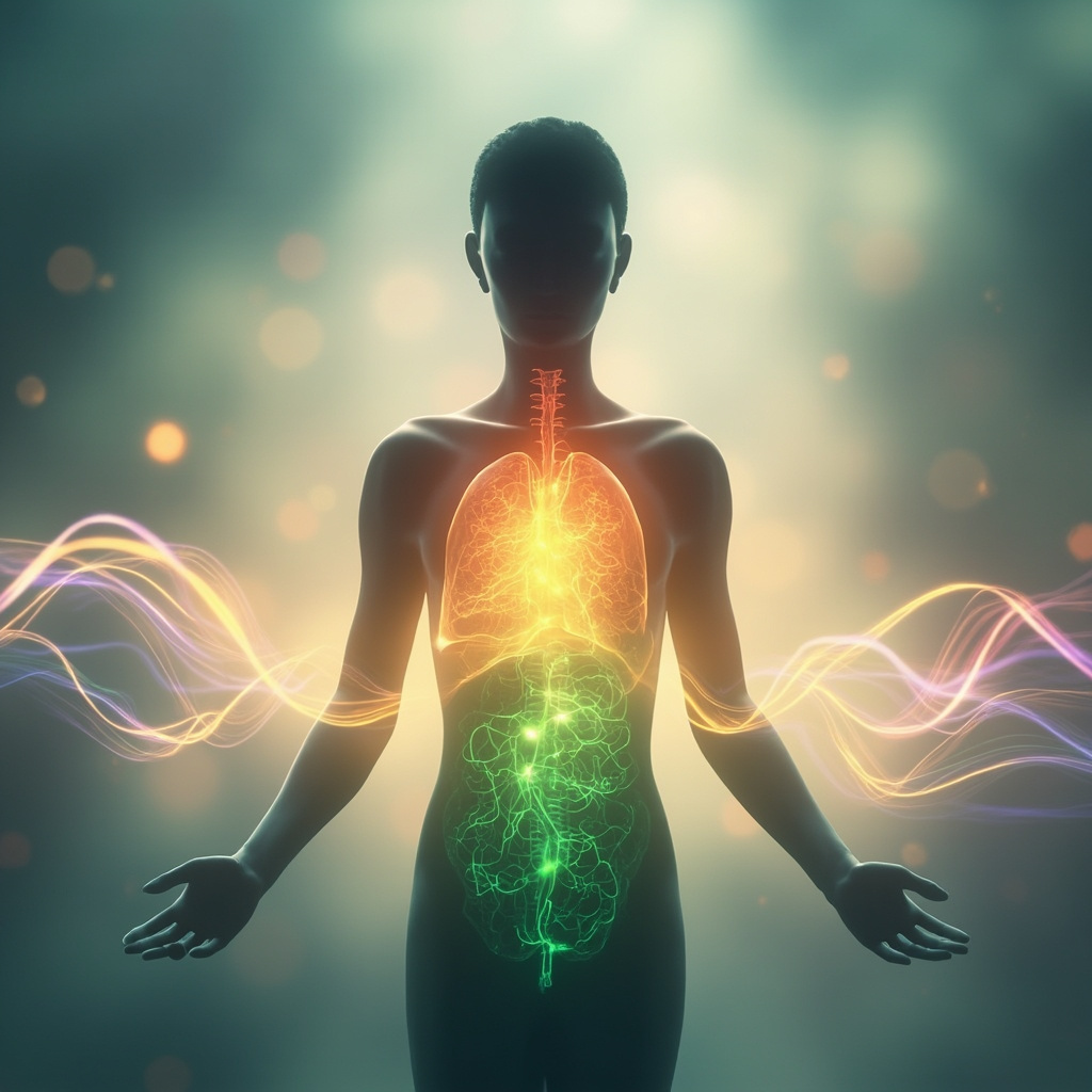 A high-quality, serene conceptual image of a human silhouette with a glowing, vibrant liver area, surrounded by soft, harmonious light waves representing frequency healing.