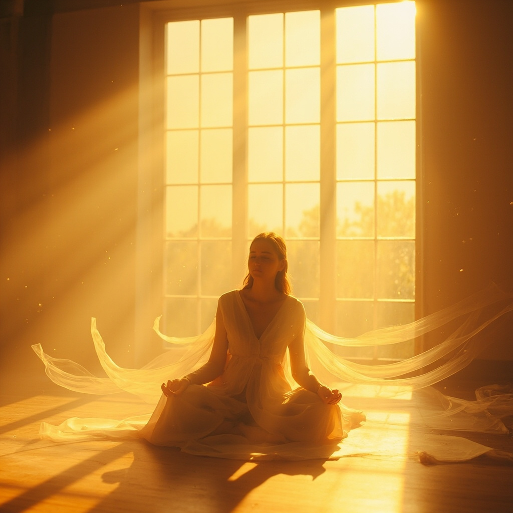 A high-quality, calming image of a person sitting in a quiet, sunlit room, focusing on inner peace and balance, with subtle abstract light waves representing harmony.