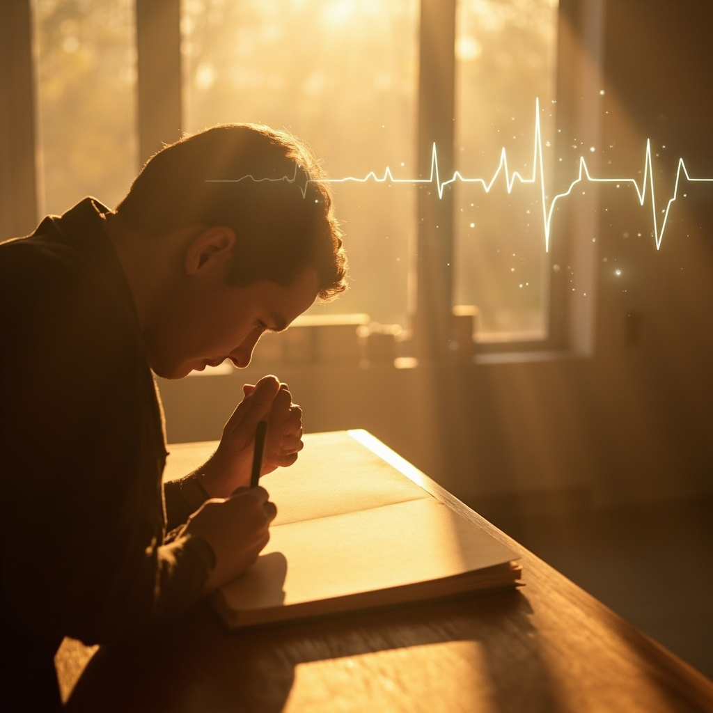 A high-quality, calm image of a person sitting in a quiet, sunlit room, focusing deeply on a notebook, with a subtle digital overlay representing heart rhythm patterns.