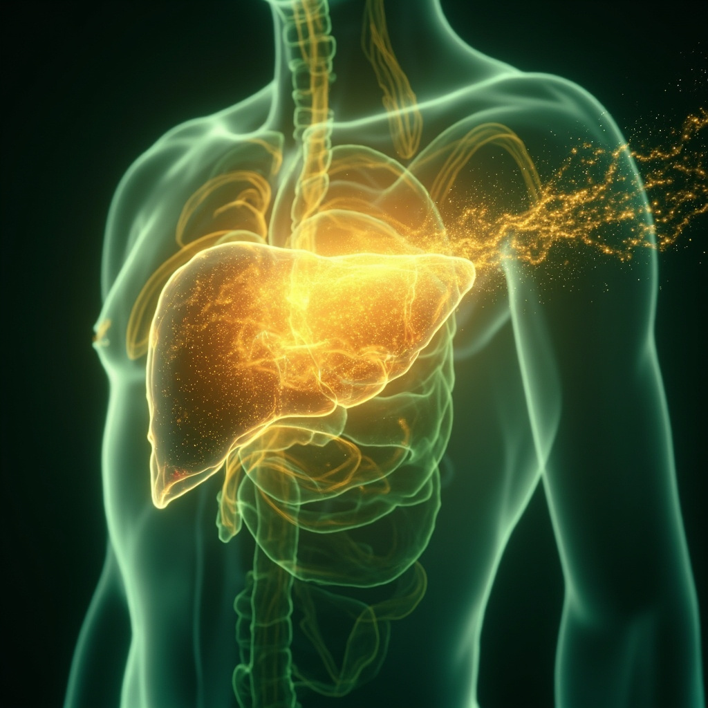 A serene, abstract digital art piece representing the liver as a glowing, harmonious center of energy within the human body, using warm golden and soft green tones to symbolize vitality and detox.