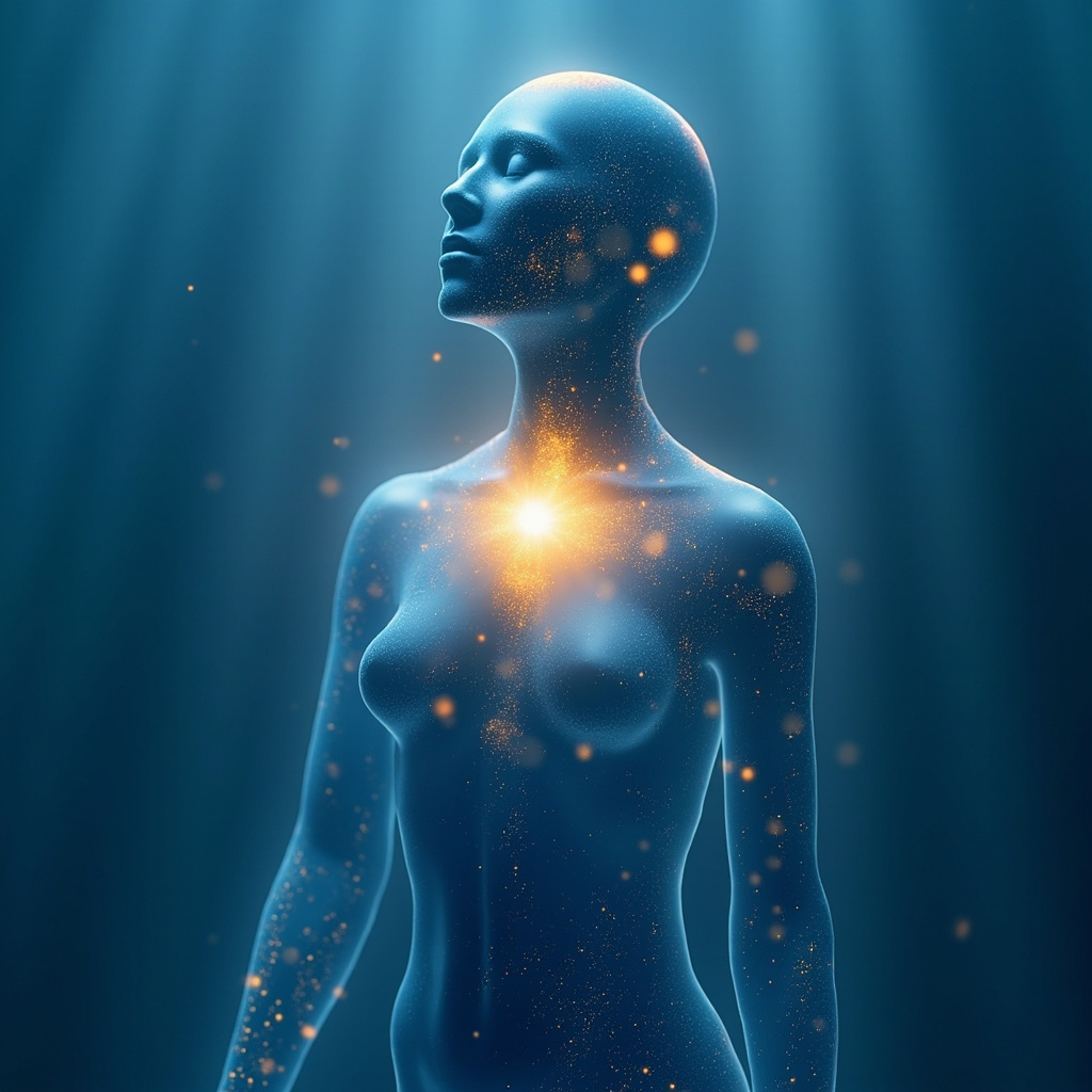 A serene, abstract digital art piece representing the adrenal glands as a glowing, balanced energy center with soft, golden light diffusing through a calm, blue-toned human silhouette.