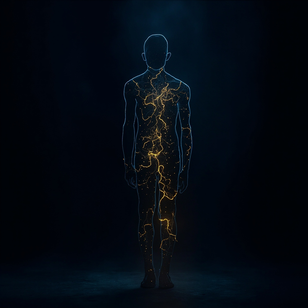 A high-quality, serene image of a human silhouette with subtle, glowing neural network patterns in soft blue and gold, representing electrical harmony and focus.