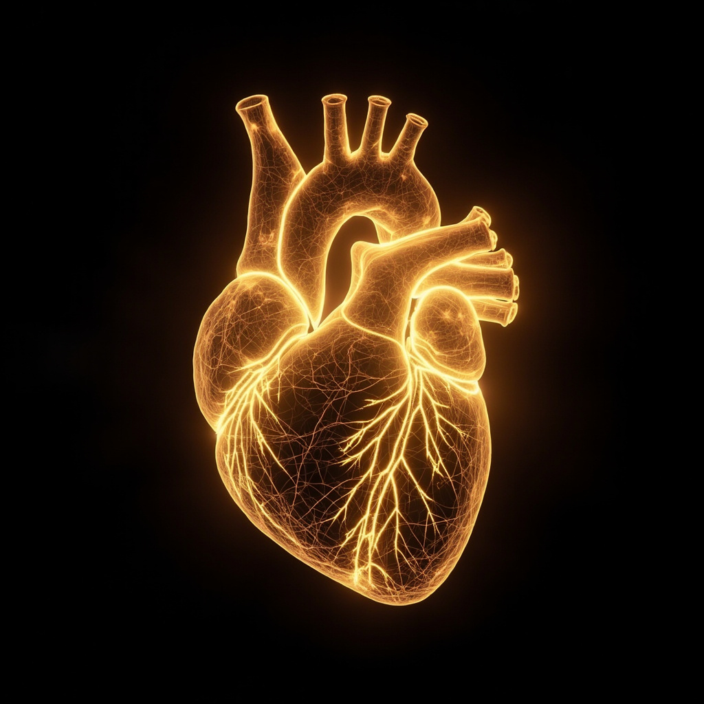 A high-quality, calming image of a human heart silhouette integrated with soft, glowing golden light patterns, representing electrical harmony and balance.
