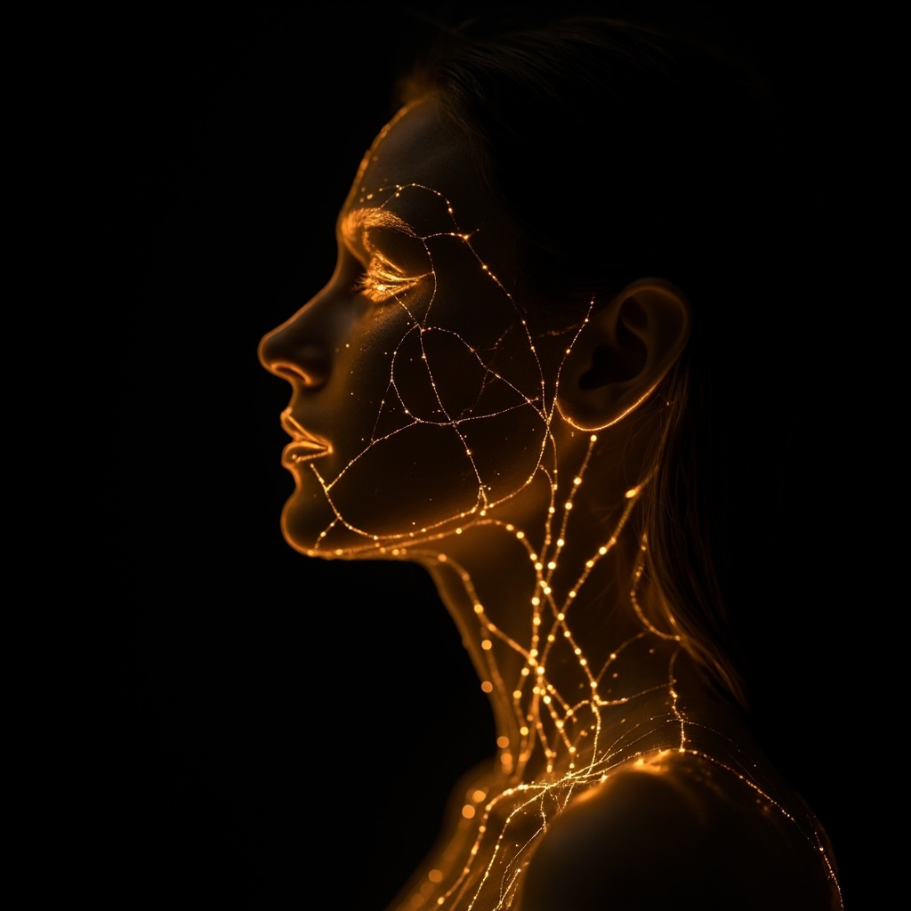 A high-quality, serene close-up of a human silhouette with subtle, glowing golden light patterns representing internal energy flow and cellular harmony.
