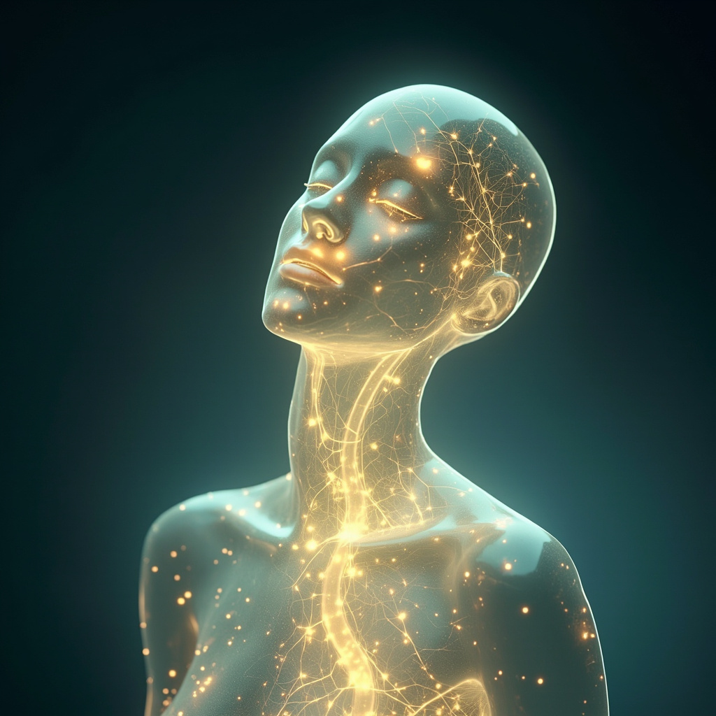 A high-quality, calming image showing a glowing, soft neural network silhouette inside a human body, representing balance and harmony.