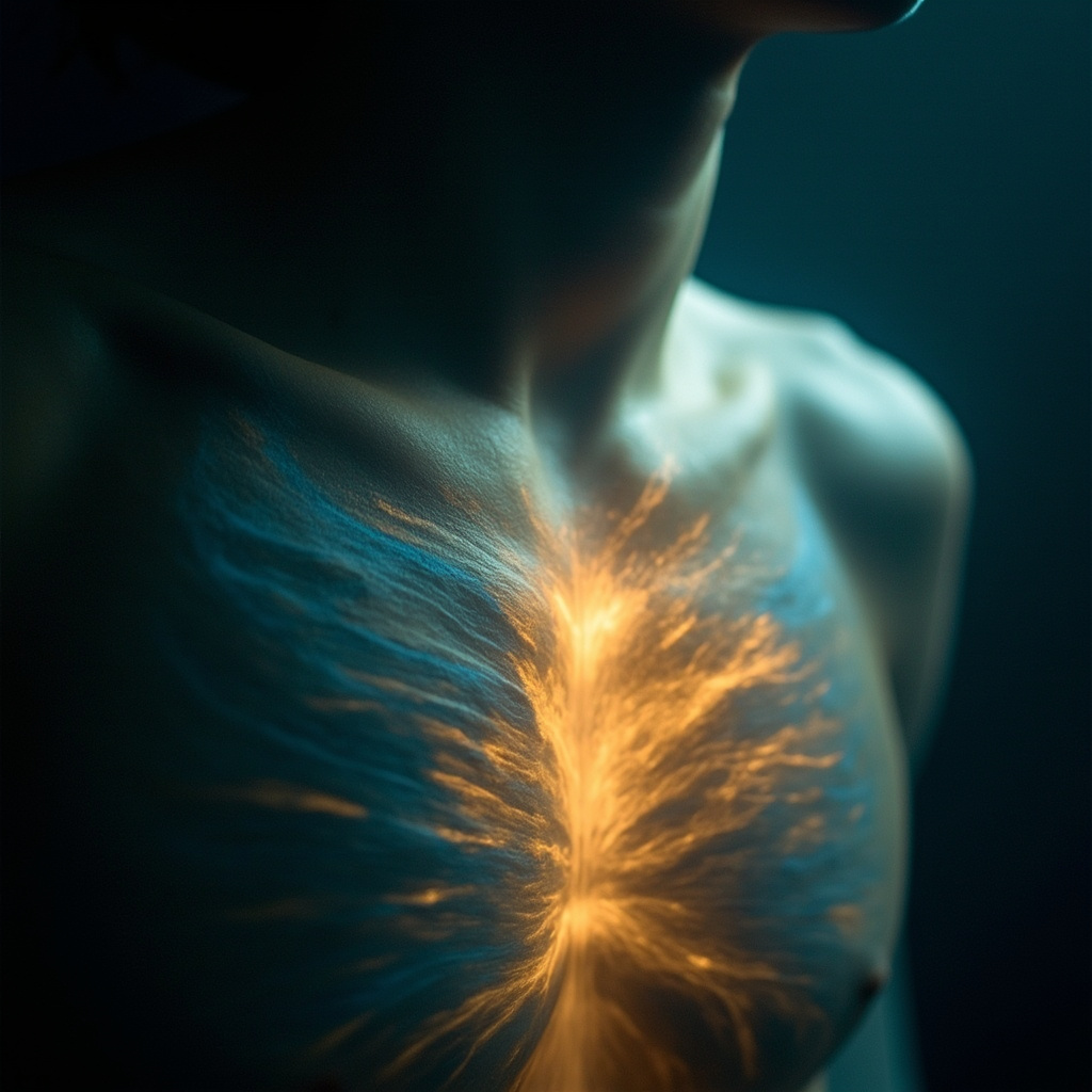 A soft, artistic close-up of a human chest glowing with a gentle, rhythmic light, symbolizing the flow of breath and energy through the pulmonary region, calming blue and warm gold tones.