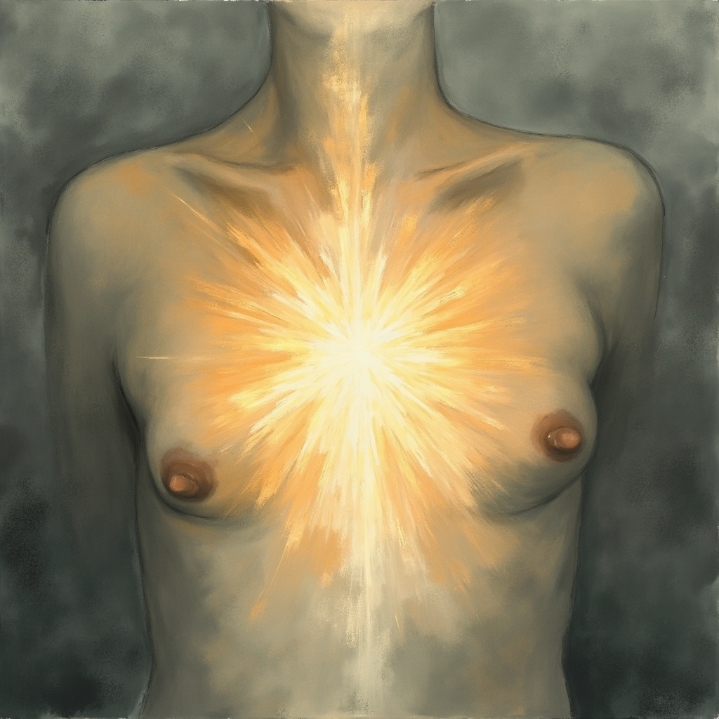 A soft, artistic illustration showing a glowing, gentle light emanating from the center of a human chest, transitioning from grey tones to warm, vibrant colors, symbolizing the shift from fatigue to clarity.