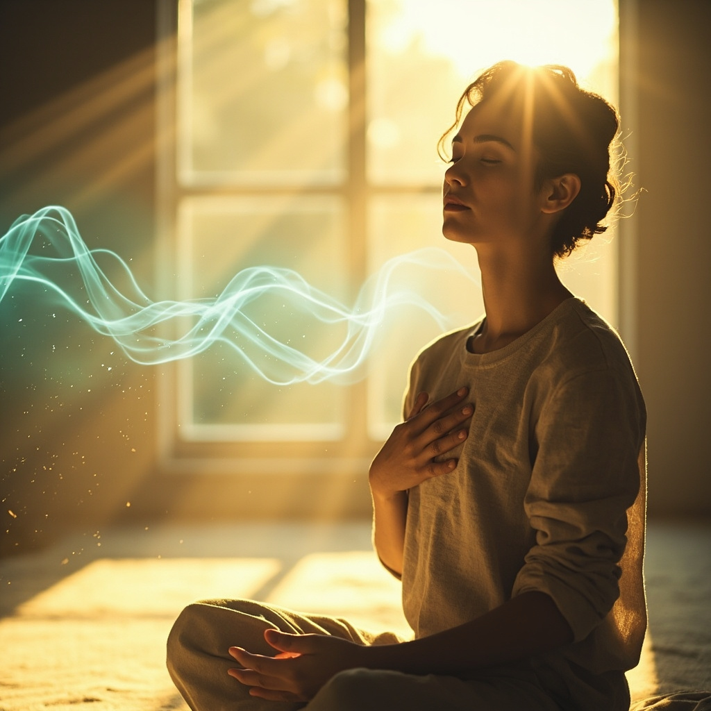 A high-quality, calming image of a person sitting in a peaceful, sunlit room, hand placed gently over their heart, with a soft, abstract visualization of rhythmic heart waves in the background to represent coherence and internal balance.