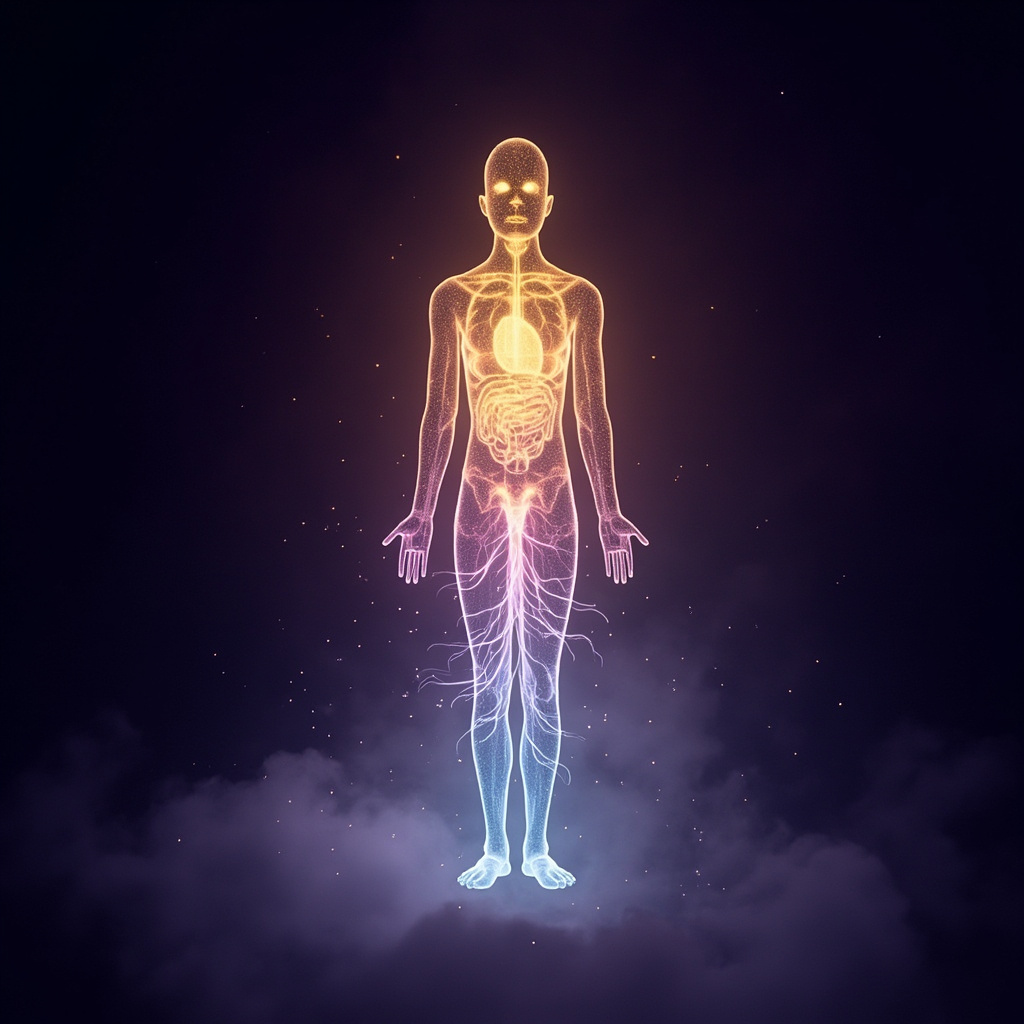 A serene, abstract visualization of glowing harmonic waves flowing through a human silhouette, highlighting the connection between the digestive center and the heart.