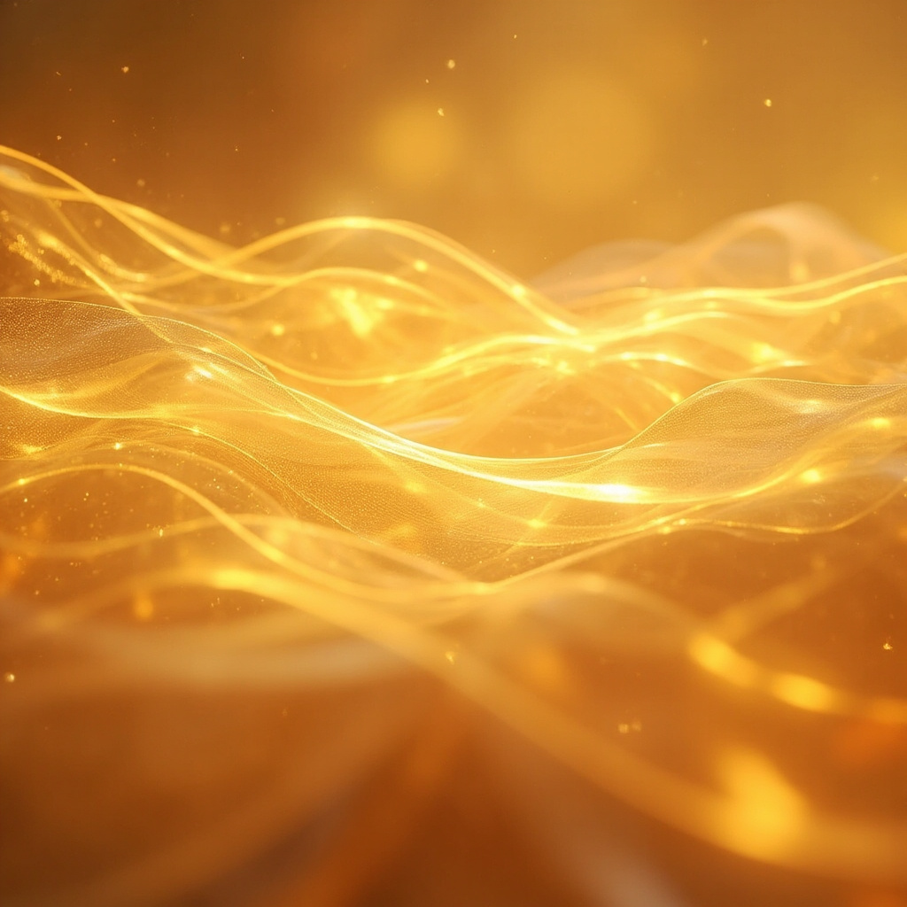 A calming, abstract visualization of soft, glowing golden light waves interweaving with gentle, flowing organic structures, representing harmony and inner balance.