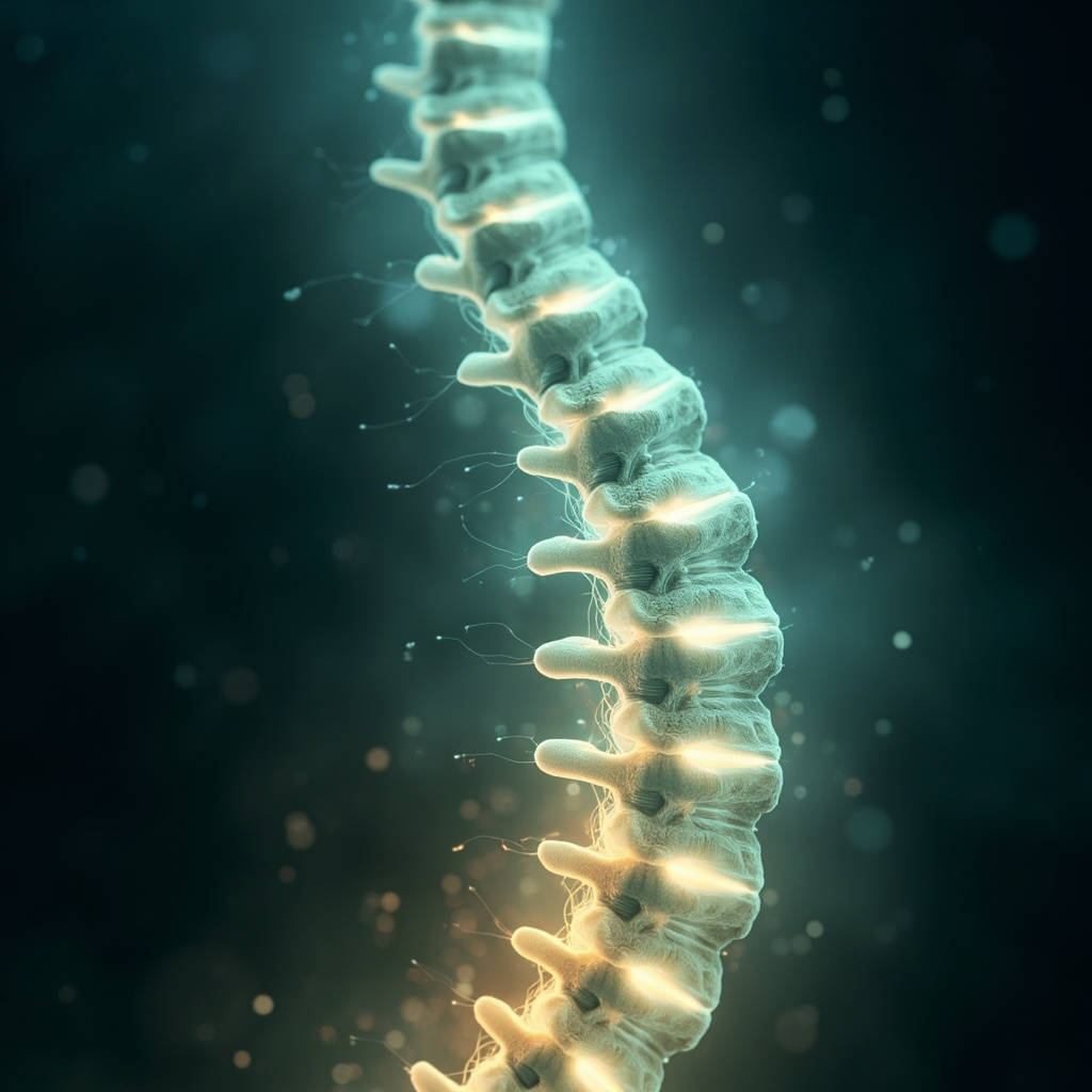 A serene, abstract visualization of neural pathways glowing with soft, balanced light along a human spine, representing harmony between action and rest.