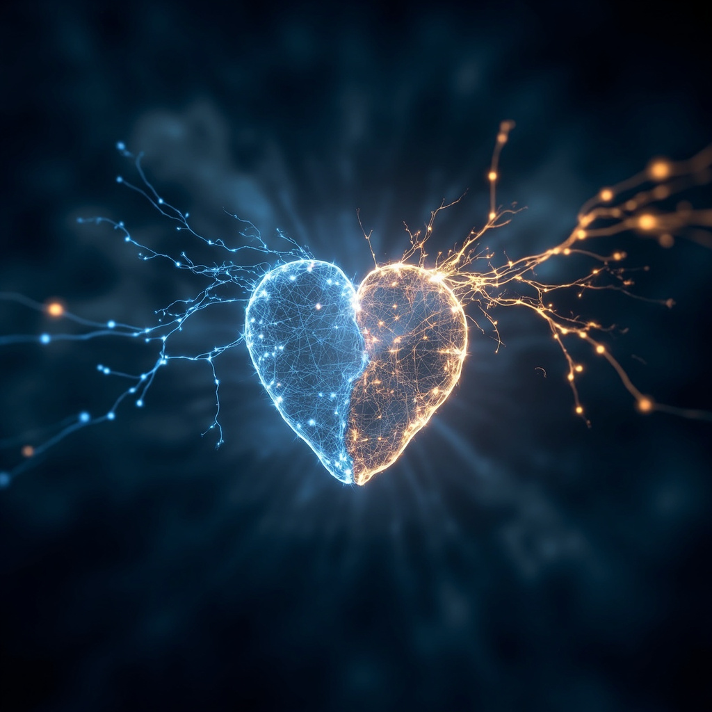 A serene, abstract visualization of glowing neural pathways connecting a heart shape and a human brain silhouette, set against a soft, dark blue background representing electrical energy.