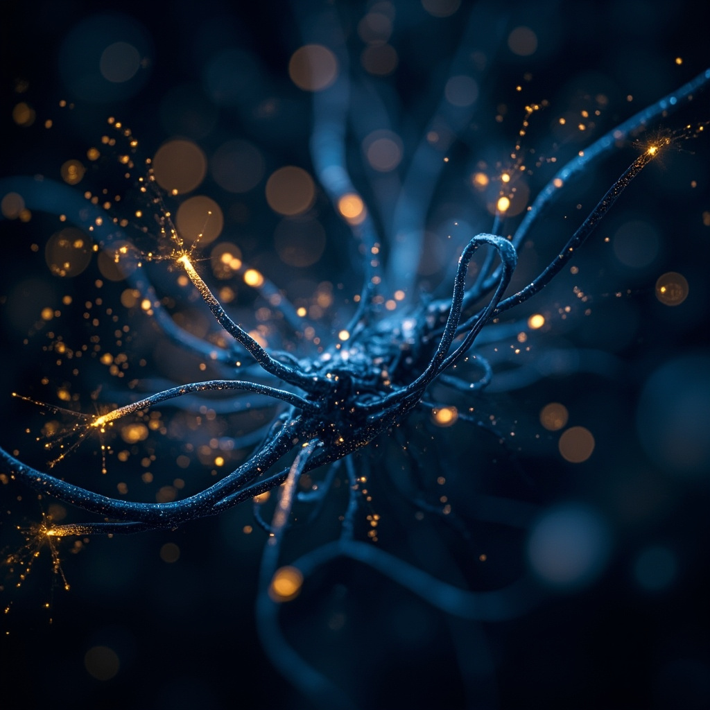 A calm, abstract visualization of neural pathways glowing with soft blue and gold light, representing electrical balance and harmony in the human body.