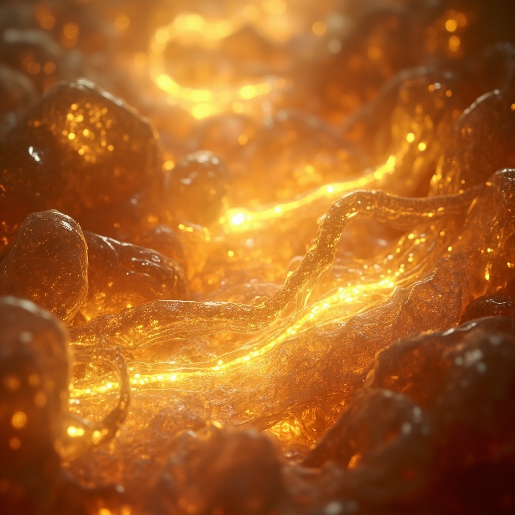 A serene, abstract visualization showing glowing, harmonious golden light waves interacting with a soft, organic biological structure, representing the connection between gut and heart.