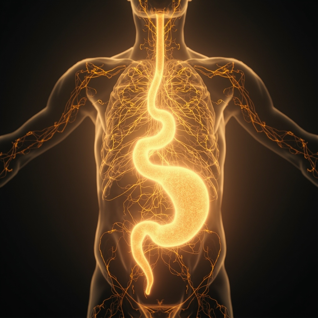 A calm, abstract visualization of glowing golden neural networks connecting to a soft, radiant stomach area, representing the gut-heart axis in a professional, medical-art style.