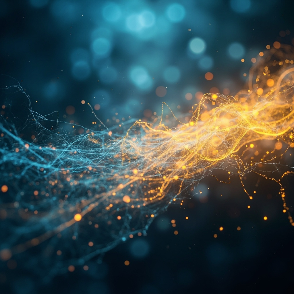 A calming, abstract visualization representing the flow of energy and the nervous system, with soft gradients of blue and gold to symbolize heart coherence and blood pressure regulation.