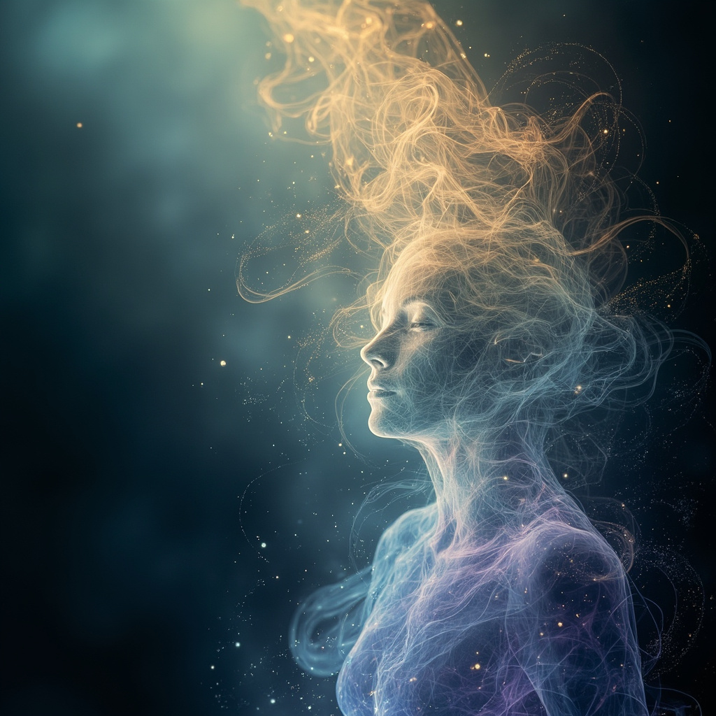 A serene, abstract visualization of human energy fields glowing with soft, harmonious light, representing the restoration of balance and vitality.