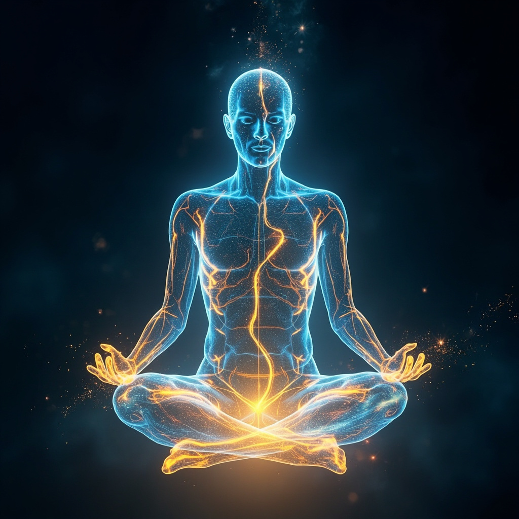 A serene, abstract visualization of glowing blue and gold light pathways flowing through a human silhouette, representing energy meridians and inner balance.