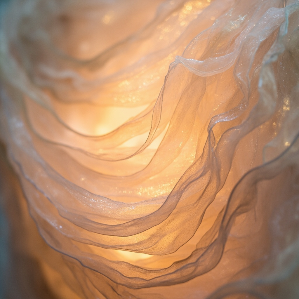 A calm, abstract visualization of flowing, translucent, silk-like layers inside a human abdomen, representing the peritoneum with a soft, glowing light to symbolize protection and inner balance.