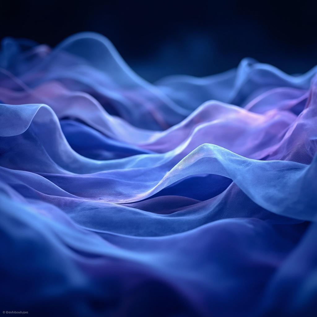 A serene, abstract visualization of soft, flowing blue and violet light waves moving in a rhythmic, calm pattern, representing the gentle transition between wakefulness and deep meditation.