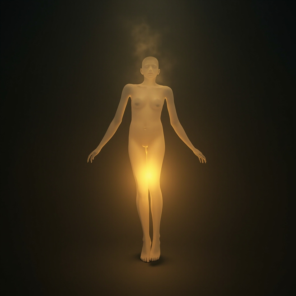 A calm, abstract visualization of a human silhouette with a soft, glowing light centered around the adrenal area, suggesting balance, harmony, and biological rhythm.