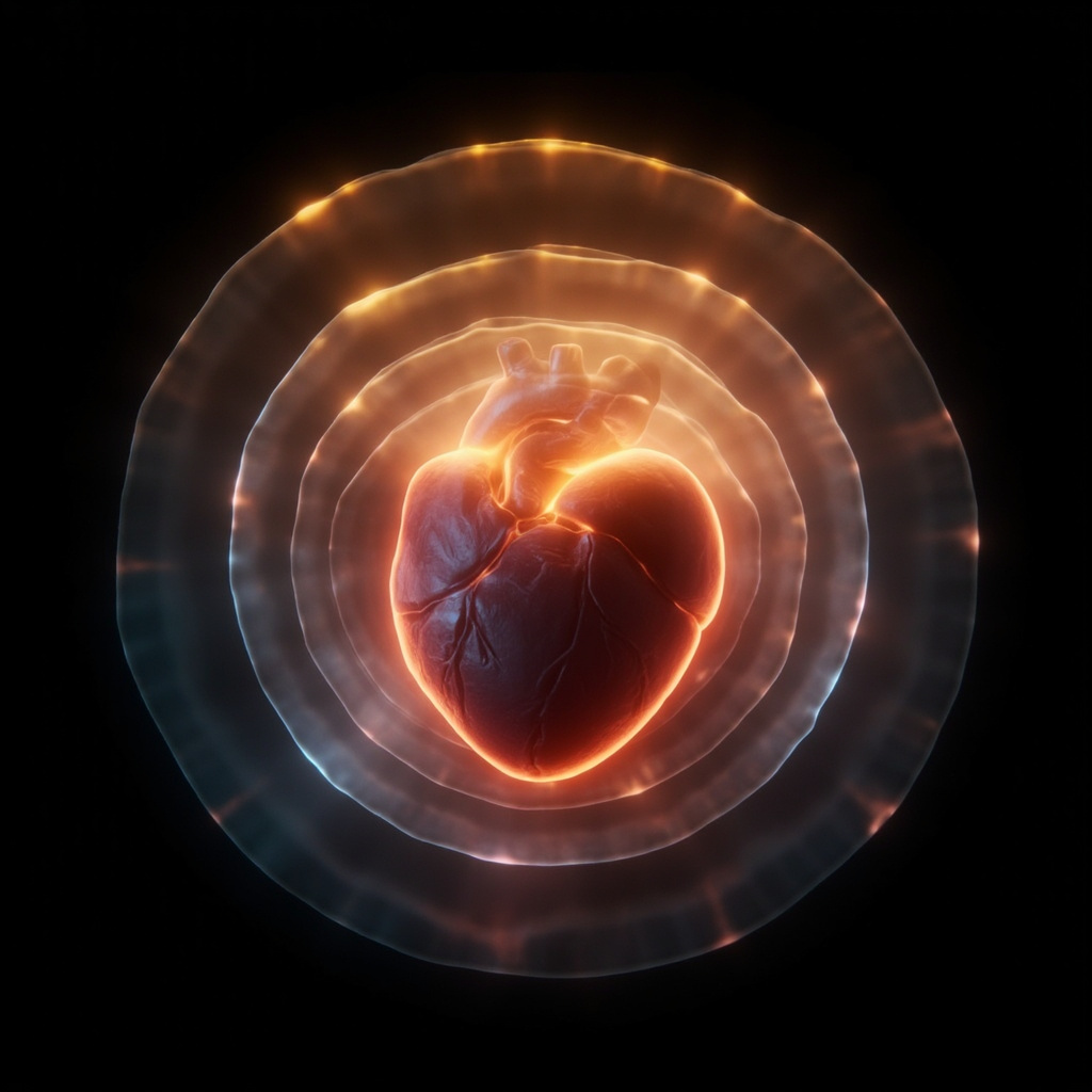A high-quality, abstract visualization of a heart surrounded by soft, glowing, protective light layers, symbolizing the pericardium, with a calm and serene aesthetic.