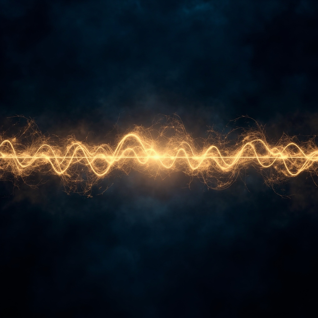 A high-quality, abstract visualization of a glowing, golden heart rhythm wave transitioning from chaotic, jagged lines into smooth, harmonious, flowing sine waves, set against a deep, calming dark blue background.