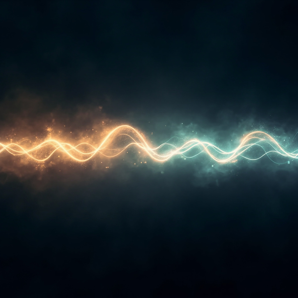 A serene, abstract visualization of a glowing, symmetrical heart rhythm wave transitioning from a chaotic state to a smooth, harmonious, and expansive flow, set against a soft, calming background.
