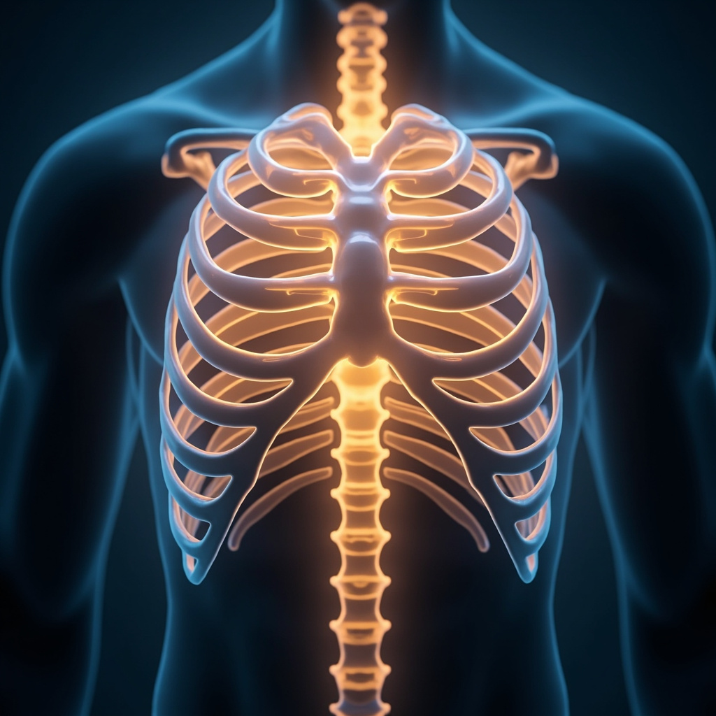 A high-quality, calm, and artistic illustration showing the human rib cage with soft, glowing lines of light highlighting the space between the ribs, representing the intercostal muscles and the flow of breath, blue and soft gold color palette.