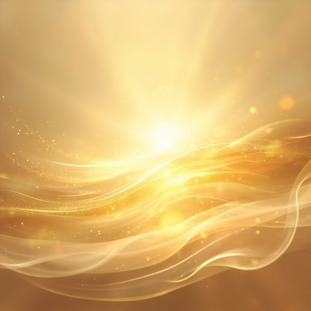 A calm, abstract illustration showing a glowing, gentle golden light centered around the stomach area, surrounded by soft, flowing energy waves, clean and professional design.