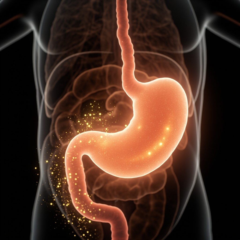 A high-quality, serene medical illustration of the human digestive system with a focus on the stomach, surrounded by soft, glowing light particles representing energy and biochemical flow.
