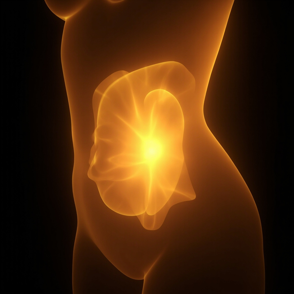 A calm, abstract illustration showing the silhouette of the human abdomen with a soft, glowing golden light centered around the gallbladder area, representing energy flow and balance.