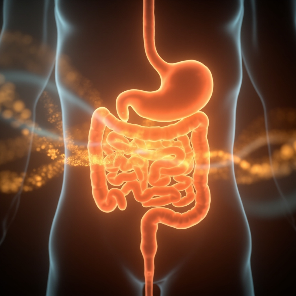 A high-quality, soft-focus illustration of the human digestive tract, with the duodenum highlighted in a warm, glowing light, surrounded by abstract, gentle wave patterns representing frequency and energy flow.