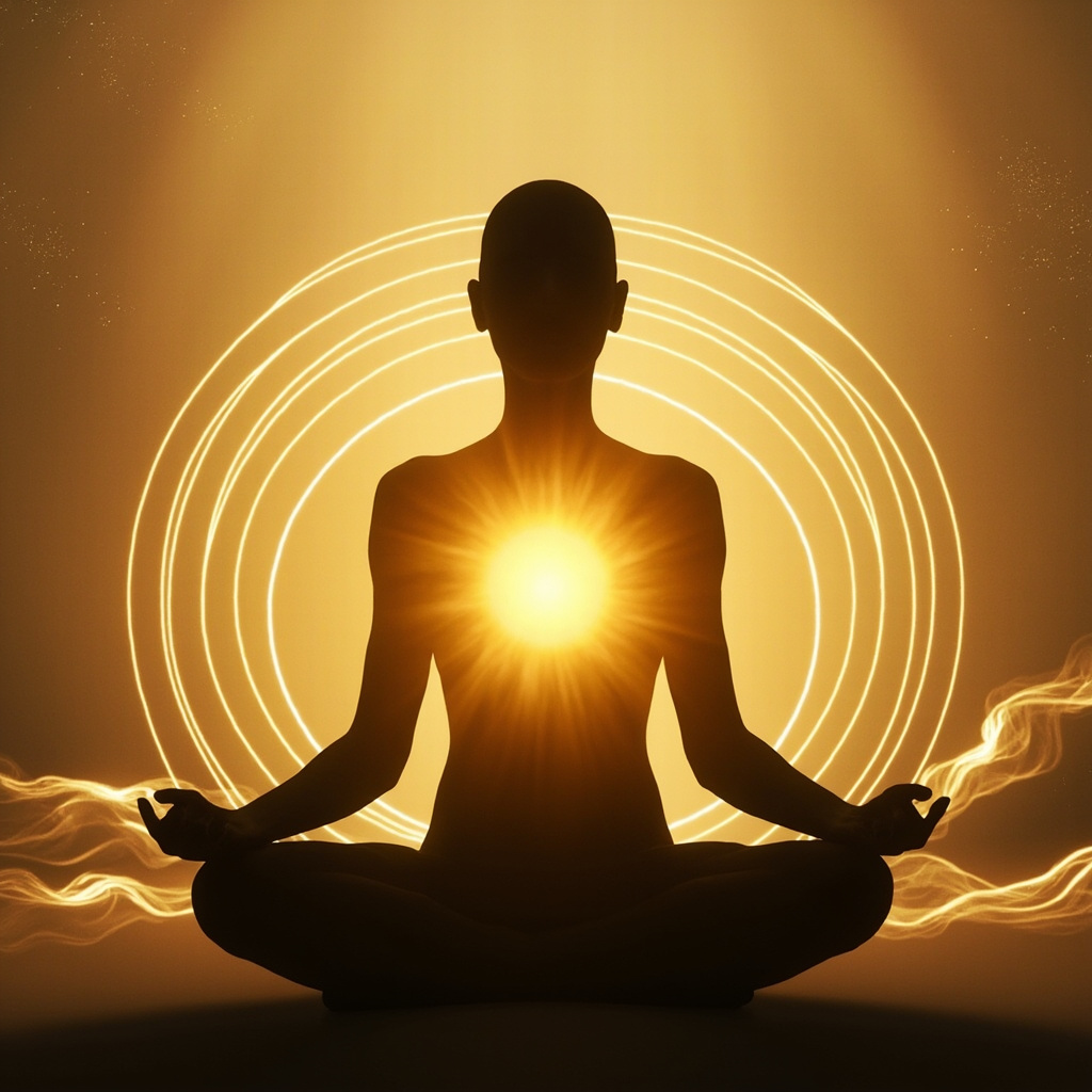 A calm, abstract illustration of a glowing, rhythmic energy wave flowing through a soft, human-shaped silhouette, representing internal balance and digestive harmony.