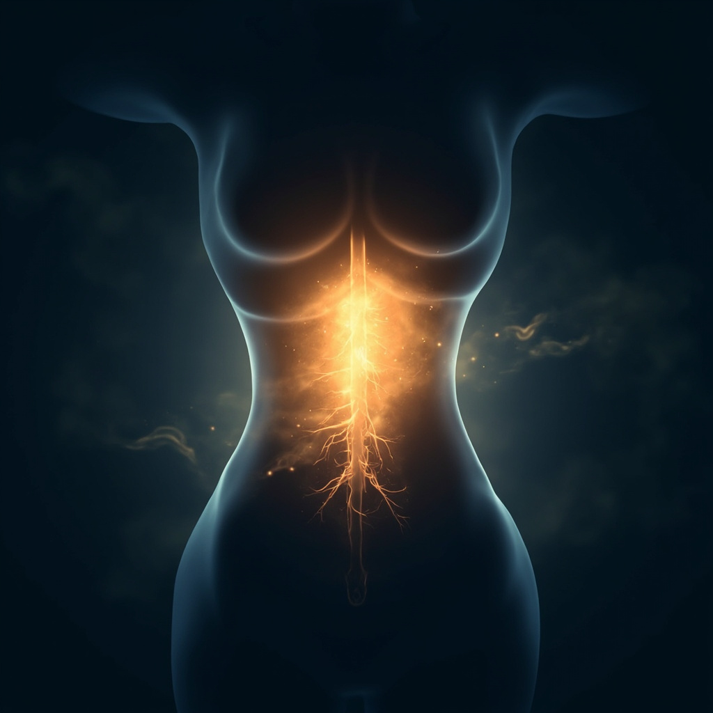 A serene, abstract digital illustration showing the silhouette of a human torso with a glowing, rhythmic light centered in the stomach area, symbolizing energy flow and muscle relaxation.