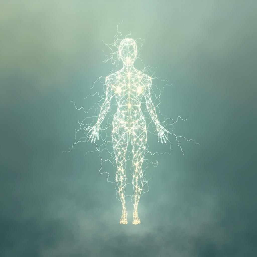 A serene, abstract visualization of glowing, interconnected electrical light patterns forming a harmonious, balanced human silhouette against a soft, calming background.