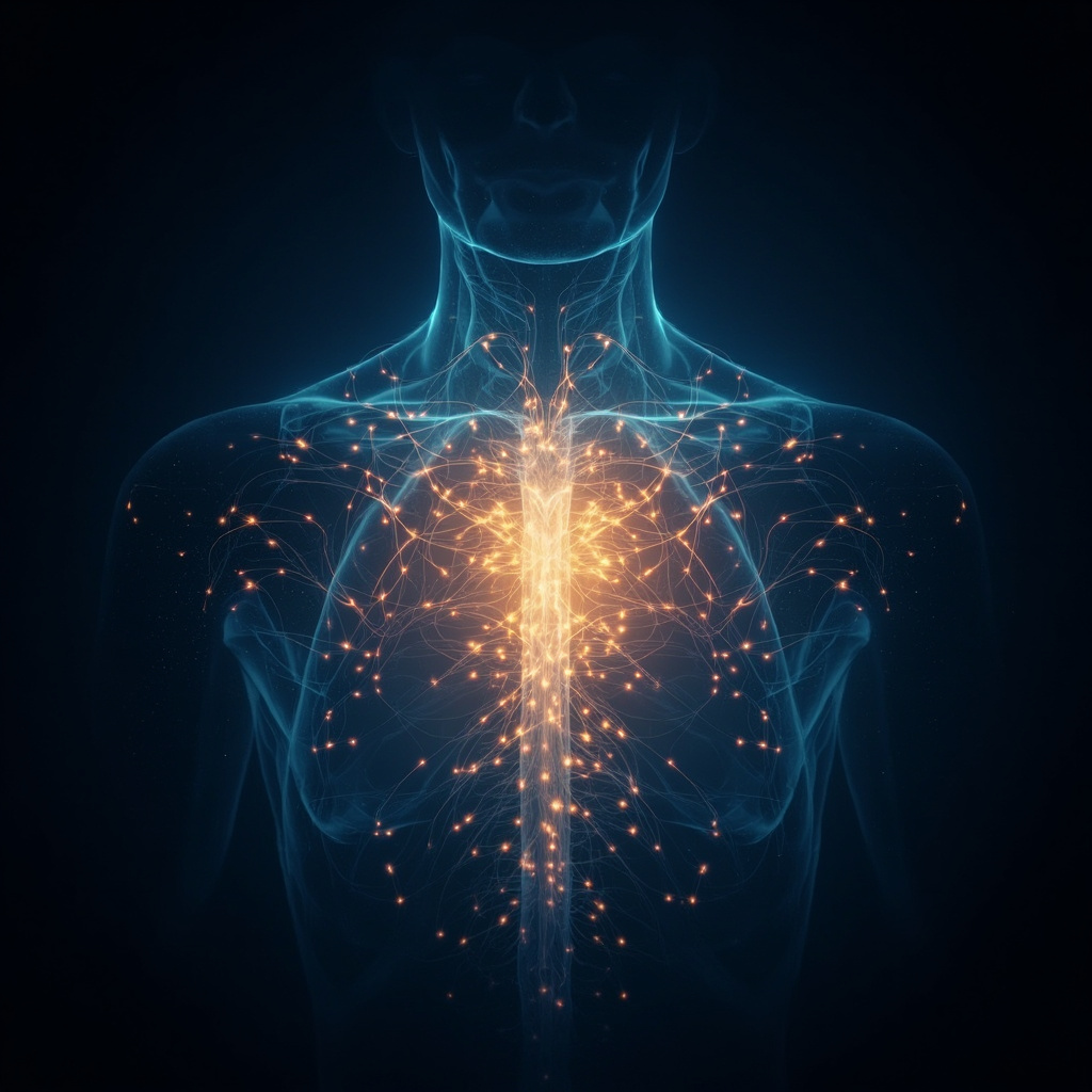 A serene, abstract visualization of glowing, interconnected energy pathways forming the shape of a human core, soft blue and golden light, high resolution, professional medical illustration style.
