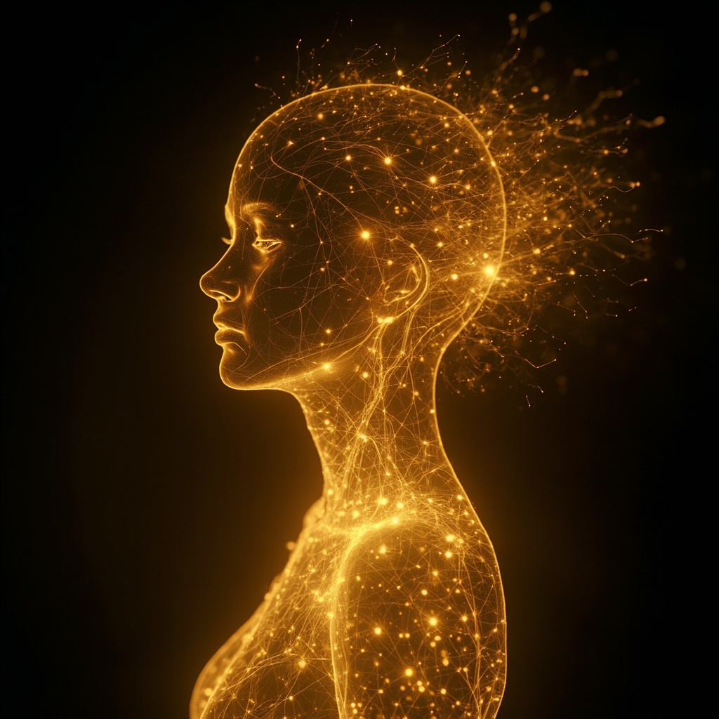 A serene, abstract visualization of glowing, interconnected golden light pathways resembling a nervous system within a human silhouette, soft focus, cinematic lighting, high resolution.