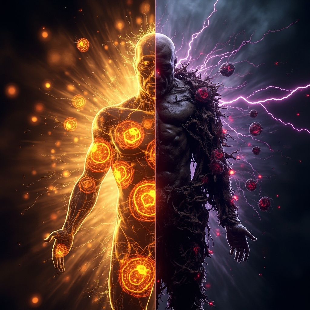 Vibrant digital art of glowing healthy mitochondria powering energetic human silhouette versus dark damaged mitochondria with free radical attacks causing fatigue slump, biochemical balance theme.