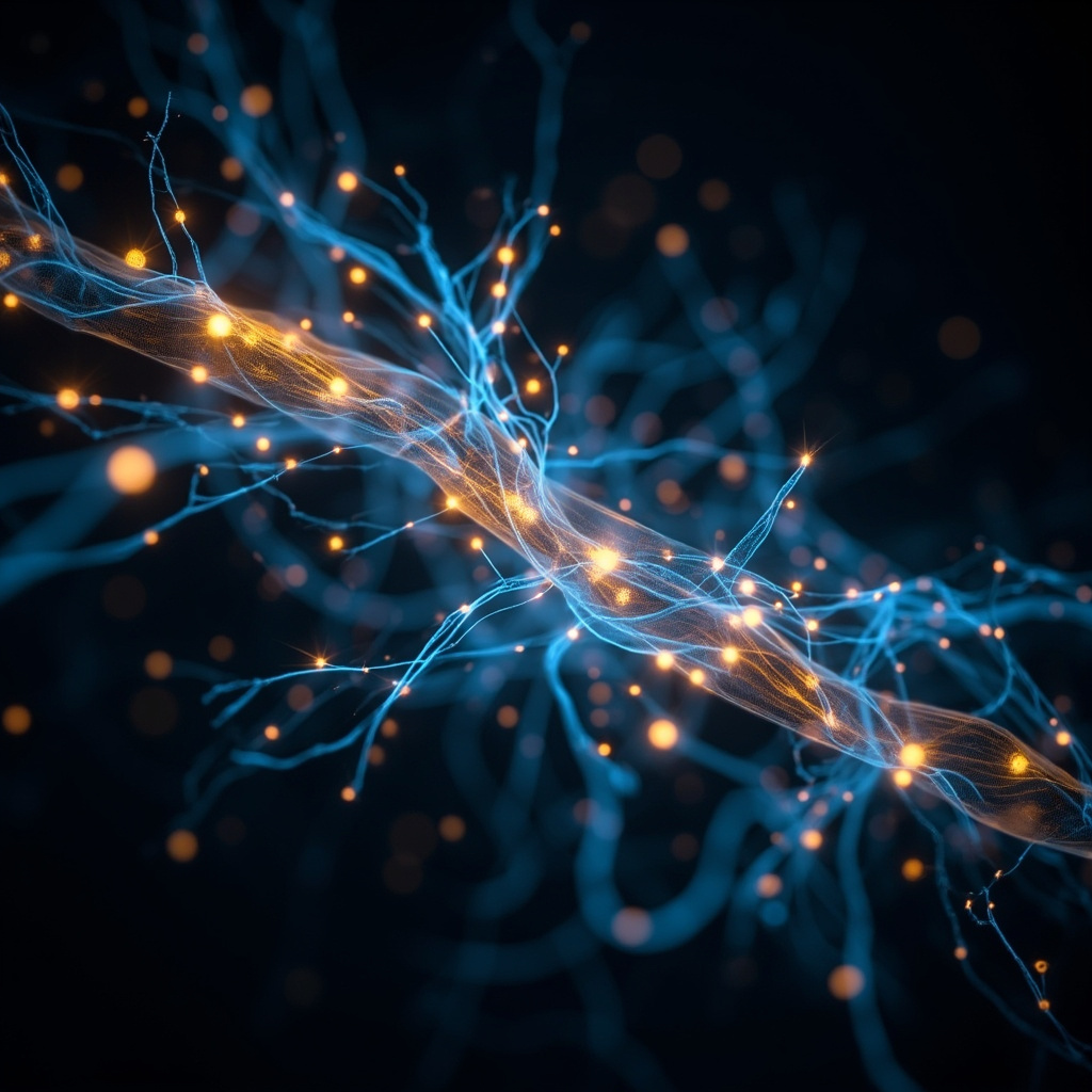 A high-quality, professional image showing a glowing, abstract network of light representing the human nervous and connective tissue system, soft blue and gold tones, clean background.