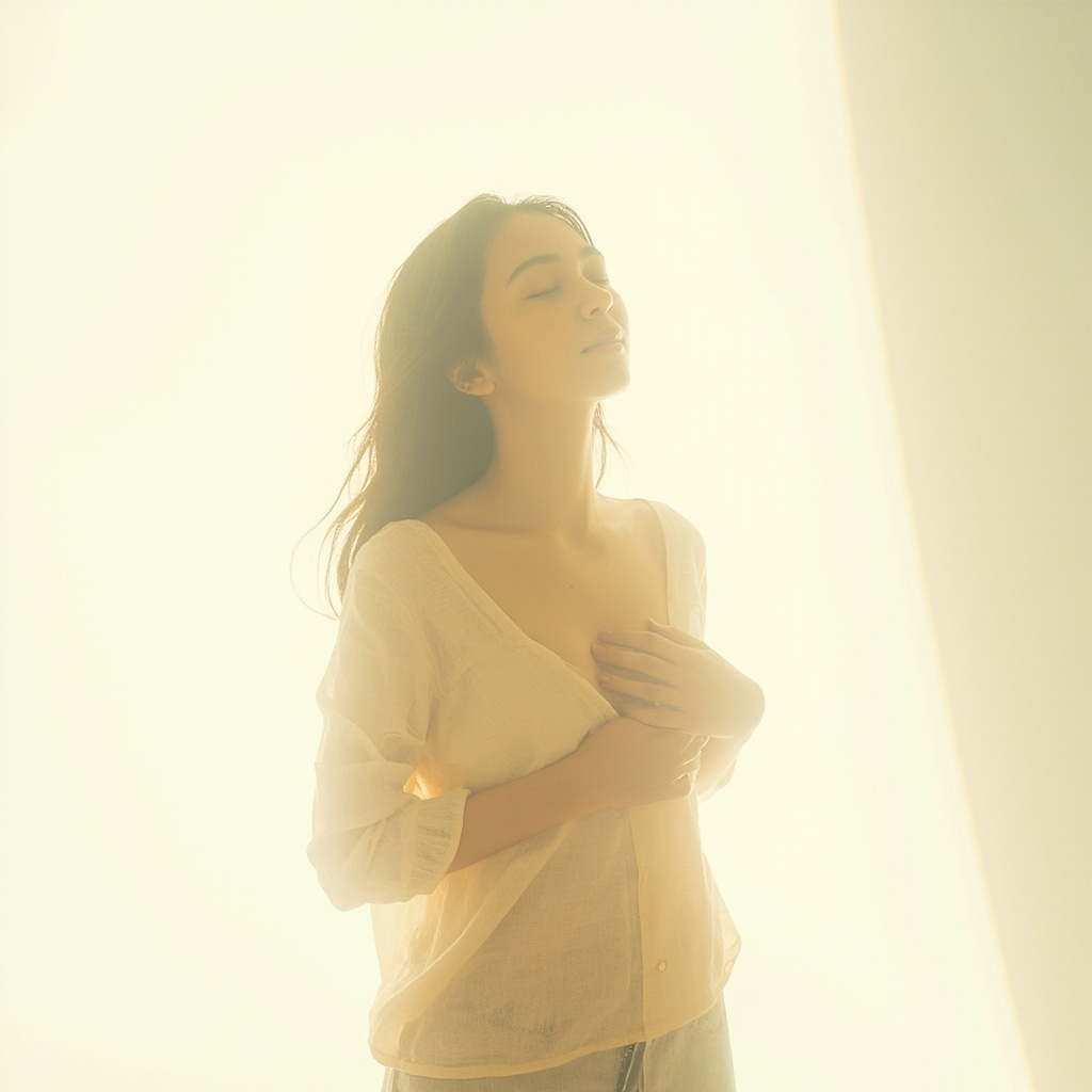 A soft, serene image of a person standing in a bright, open space with their hand gently placed on their chest, symbolizing relief and emotional openness, high resolution, professional photography style.