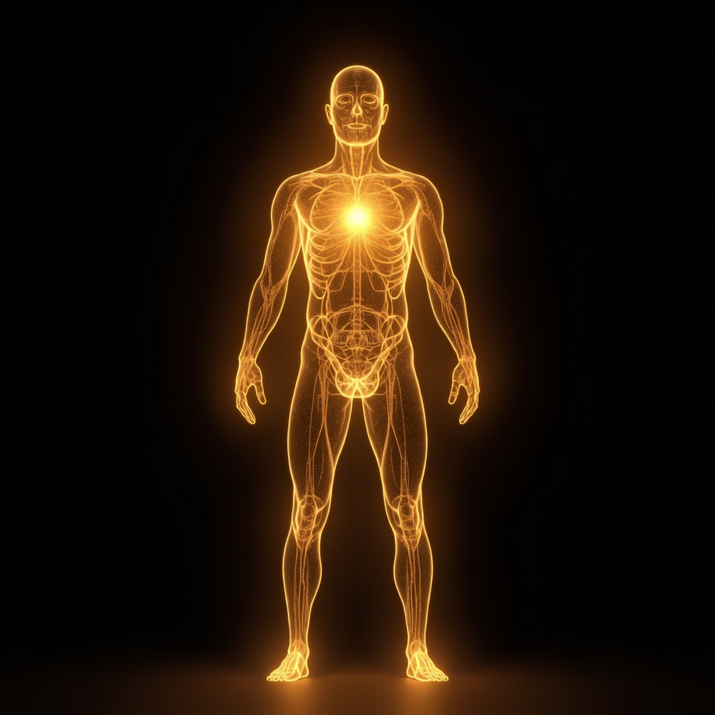 A high-quality, professional 3D render of a glowing, energetic human body silhouette with a soft, pulsing golden light centered in the upper abdomen, symbolizing flow, clarity, and biological harmony.