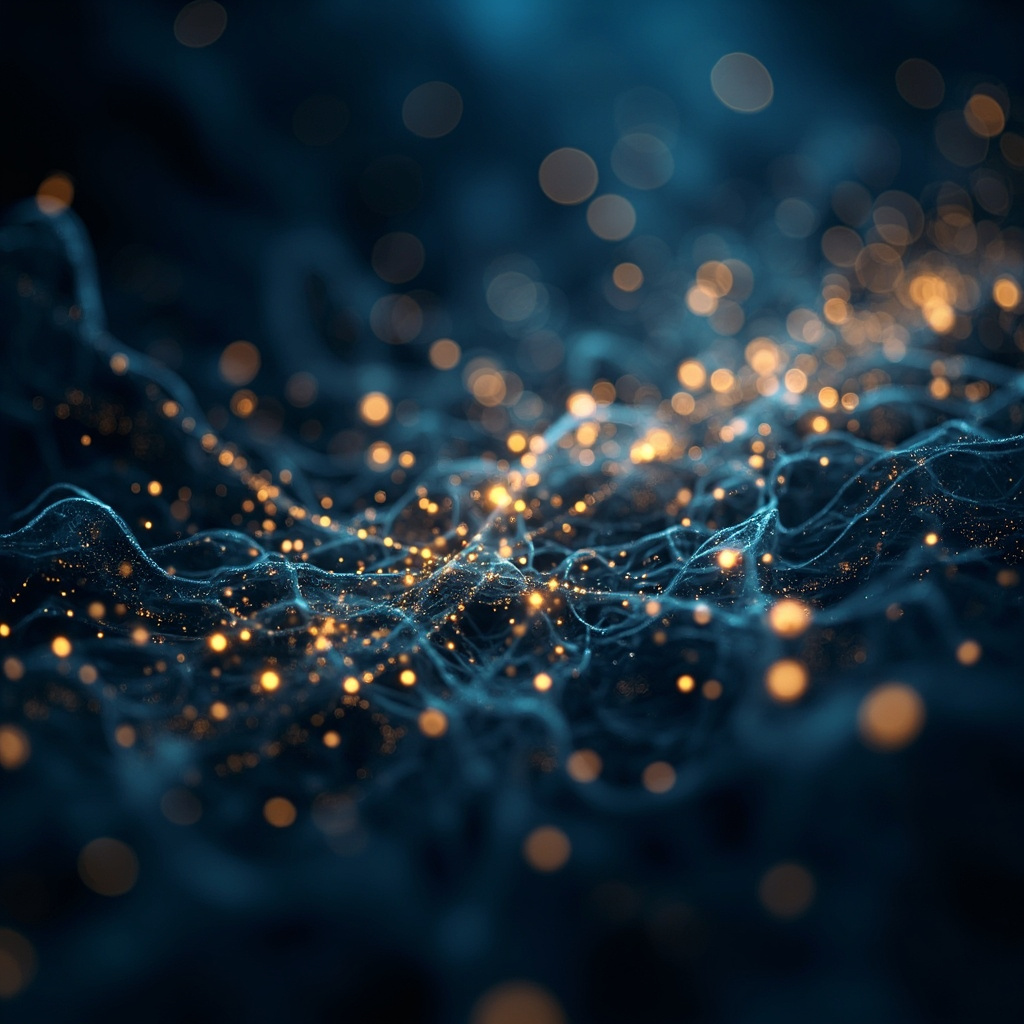 A high-quality, abstract digital art representation of a glowing, interconnected neural network, showing radiant light pulses traveling along delicate, fiber-like structures in a deep, soothing blue and soft gold color palette, symbolizing communication and clarity.