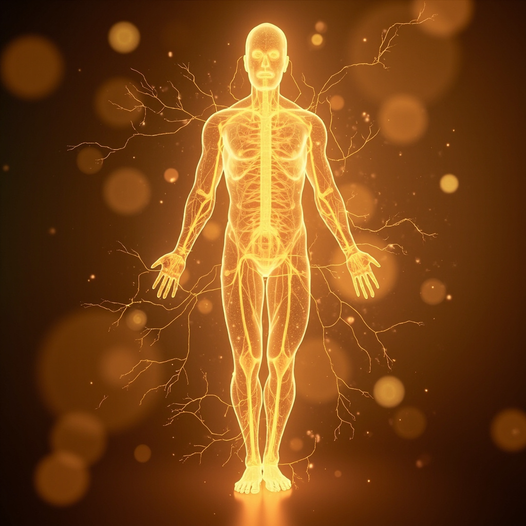 A high-quality, abstract digital art representation of a glowing human nervous system, emphasizing the peripheral nerves in the limbs with warm, harmonious light, soft focus, professional and soothing aesthetic.