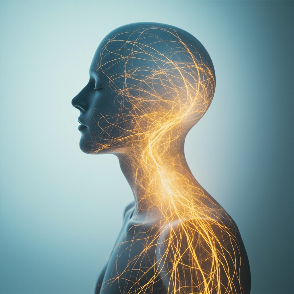 A soft, abstract representation of flowing energy pathways within a human silhouette, featuring warm, balanced golden and blue tones, professional, clean, and calming.