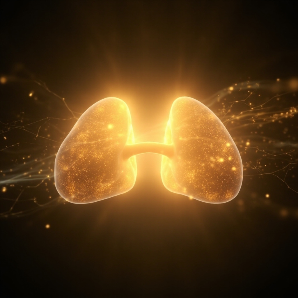 A high-quality, calming digital art representation of the adrenal glands glowing with soft, balanced golden light, surrounded by a subtle, harmonious energy field, professional and clean style.