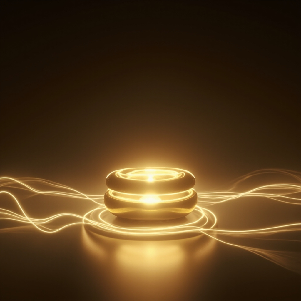 A calm and minimalist artistic representation of a balanced, glowing golden structure in the pelvic area, surrounded by soft, flowing lines of light representing energy and harmony.