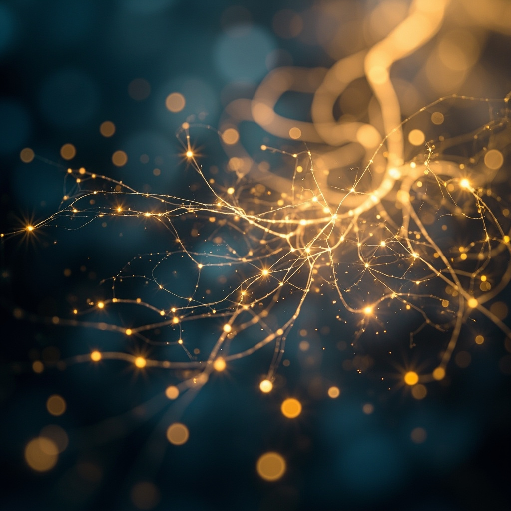 A serene, abstract representation of a glowing network of light resembling a nervous system, set against a calm, soft-focus background of deep blues and warm, golden light.